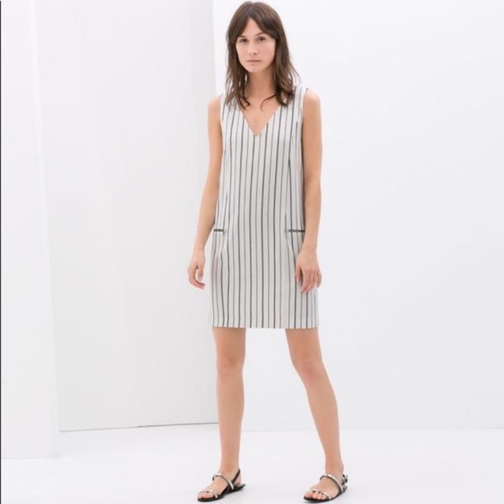 Zara basic deep v neck striped shift dress